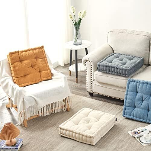 بالش کف مدیتیشن Getmo Resin، کوسن کف بزرگ، بالش‌های مربعی برای نشستن بزرگسالان، کوسن مراقبه ضخیم چنیل برای اتاق نشیمن یوگا بالکن تاتامی فضای باز، 20x20 اینچ، بژ Image