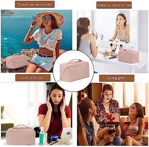 3 عدد کیف آرایش مسافرتی کیف لوازم آرایشی قابل حمل زنانه با ظرفیت بالا مجموعه کیف سازمان‌دهنده کیف آرایش تخت از 3 عدد کیف آرایشی ضد آب چرم PU با تقسیم‌کننده و دسته (صورتی) Image