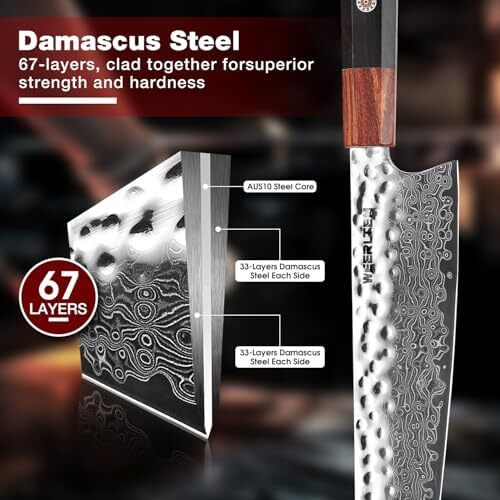 WEERLTEM Damascus Chef Knife, Upgraded 8 Inch Professional VG10 Damascus steel Japanese Kiritsuke Knife, Ultra Sharp 67-Layer Damascus Kitchen Knife with Octagonal Red Sandalwood Handle & Gift Box Image