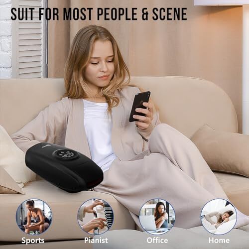 ماساژور برقی دستی با حرارت، دستگاه ماساژ انگشت بی‌سیم با 6 سطح برای درمان دست، ماساژور مچ برای تسکین درد آرتروز و تونل کارپ (مشکی) Image