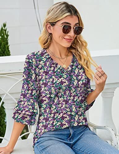 TFSDOD زنانه یقه V یقه 3/4 تاپ آستین زنگ دار یقه یقه دار پیراهن آستین دار یقه دار بلوزهای گشاد تابستانی تابستانی Image