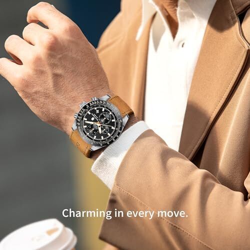 ساعت مچی مردانه BY BENYAR ساعت چند کاره کرونوگراف تاریخ کوارتز مردانه استیل ضد زنگ مشکی/بند چرم قهوه ای آنالوگ ساعت مچی هدیه برای مردان مشاغل معمولی Image