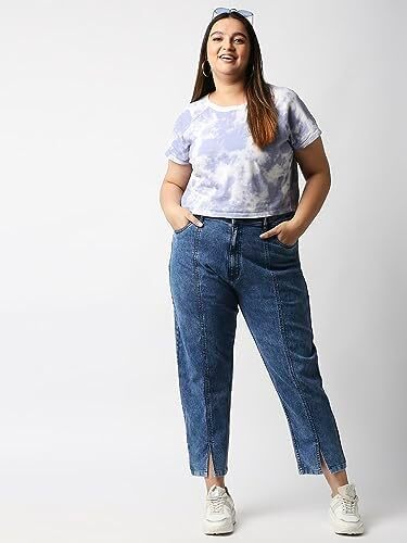 شلوار جین برش خورده با سایز بزرگ زنانه High Star Women Blue Mom-Fit Acid Wash Image