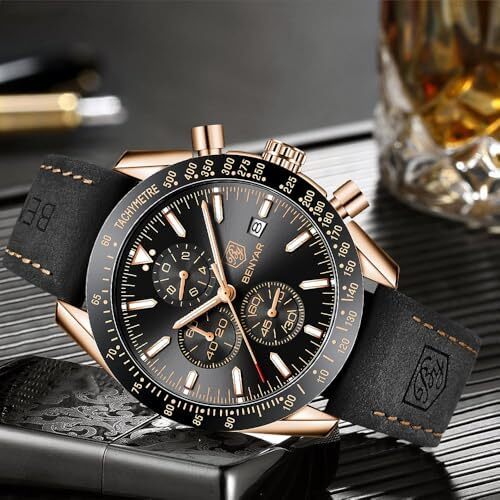 ساعت مچی مردانه BY BENYAR با قابلیت ضد آب تا 100 متر، کرنوگراف، تاریخ‌سنج، بند چرم قهوه‌ای، حرکت کوارتز، ساعت آنالوگ، هدیه‌ای مناسب برای مردان Image