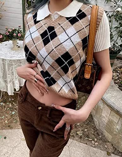 جلیقه ژاکت بافتنی Hyipels Argyle زنانه Y2K لباس بافتنی چهارخانه مدل لباس بافتنی Preppy Style V یقه تاپ تانک دخترانه Image
