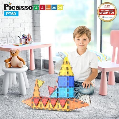 PicassoTiles 60 Piece Piece Magnet Tiles Building Clear Magnetic 3D Building Blocks Playboards - خلاقیت فراتر از تصور، الهام بخش، تفریحی، آموزشی، متعارف 60 Image