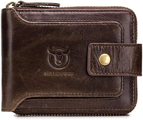 کیف پول مردانه RFID چرم اصل BULLCAPTAIN با ظرفیت بزرگ کارت شناسایی با جیب سکه زیپ QB-231، قهوه، S، مینیمالیستی Image