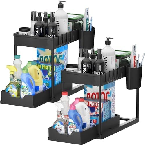 رک های ذخیره سازی SKY-TOUCH شامل ۲ عدد رک کشویی دو لایه برای ذخیره سازی در آشپزخانه، سازماندهی زیر سینک، سازماندهی کشویی دوگانه زیر کابینت حمام، ذخیره سازی آشپزخانه با قلاب، ابعاد ۱۵.۶ * ۸.۶ * ۱۳.۲ سانتی متر، رنگ مشکی Image