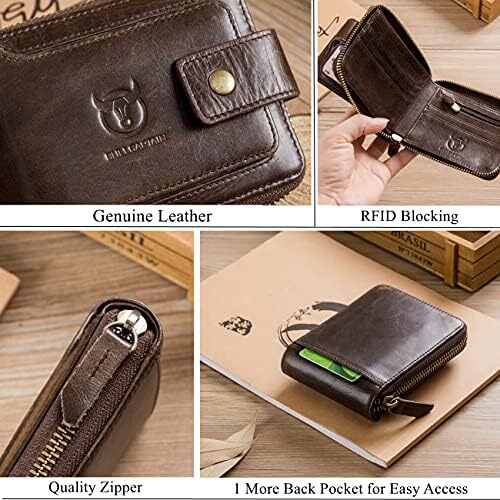 کیف پول مردانه RFID چرم اصل BULLCAPTAIN با ظرفیت بزرگ کارت شناسایی با جیب سکه زیپ QB-231، قهوه، S، مینیمالیستی Image