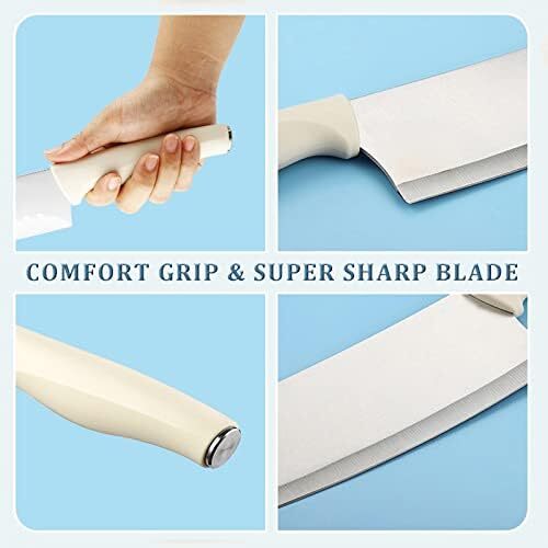 ست چاقو آشپزخانه FTNESGYM، شامل ۵ عدد چاقوی استیل ضد زنگ با بلوک، چاقوی سفید با کربن بالا و دسته ارگونومیک برای خرد کردن، برش، تکه‌تکه کردن و پوست‌کنی (سفید) Image