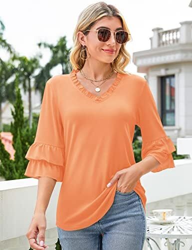 TFSDOD زنانه یقه V یقه 3/4 تاپ آستین زنگ دار یقه یقه دار پیراهن آستین دار یقه دار بلوزهای گشاد تابستانی تابستانی Image
